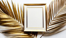 Gold Palm Leave. Spring Card. Wedding Invitation. Mock Up. White Background. High Quality Photo Frame As A Presentation Design