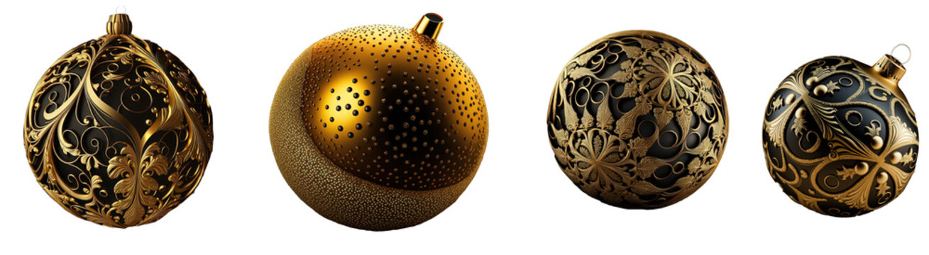 Golden Christmas ball with intricate decorations displayed on a clear, transparent backdrop for festive elegance.