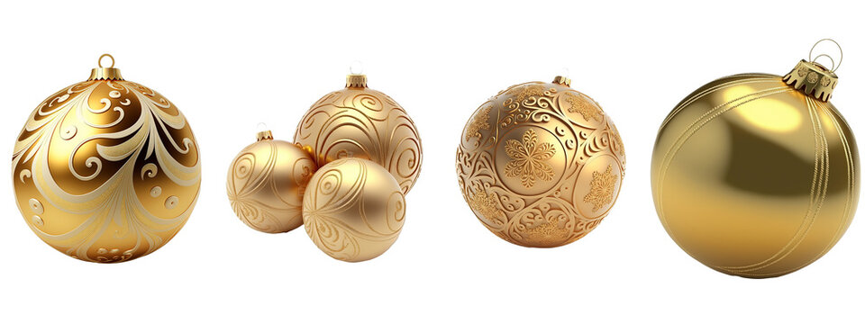 Golden Christmas ornament glistens, suspended in a clear void, its decorative surface reflecting holiday cheer with no backdrop to obscure its solitary elegance.