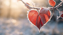 Yellow Autumn Leaves In The Shape Of A Heart On A Frozen Branch On A Winter Background. Valentine's Day. Ai Generative
