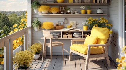 Poster - A balcony with a table and chairs and yellow flowers