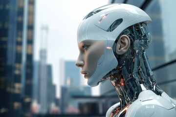 Poster - A robot wearing a helmet stands in front of a bustling city. This image can be used to depict futuristic technology or the advancement of artificial intelligence.