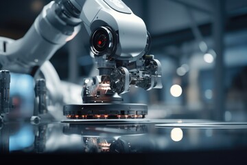 Poster - A robotic arm holds a piece of metal. This image can be used to illustrate robotics, automation, manufacturing, or technology concepts.