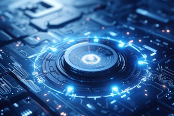 Poster - a detailed close-up view of a camera placed on a circuit board. this image can be used to depict tec