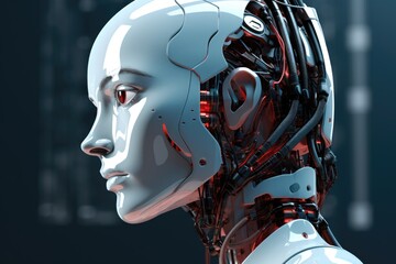 Poster - a detailed close-up of a robot's head featuring red lights. this image can be used to depict futuris