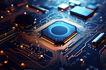 Poster - a detailed close-up view of a computer chip on a motherboard. this image can be used to illustrate t