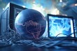 A globe is sitting on top of a desk next to a computer. This image can be used to represent global communication, education, or work from home concepts.