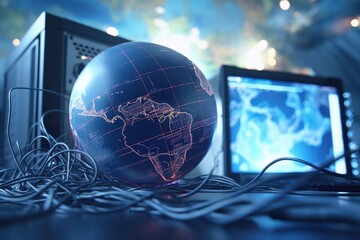Poster - A globe is sitting on top of a desk next to a computer. This image can be used to represent global communication, education, or work from home concepts.