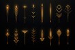 A set of golden arrows on a black background. Perfect for adding a touch of elegance and sophistication to any design. Ideal for use in presentations, websites, and graphic design projects.