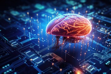Poster - A computer circuit with a brain on top. This image can be used to represent artificial intelligence, technology advancements, or the concept of a thinking machine.