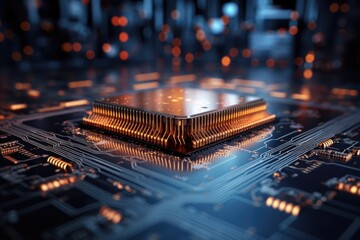 Poster - A detailed close up view of a computer chip on a circuit board. This image can be used to illustrate technology, electronics, or computer-related concepts.