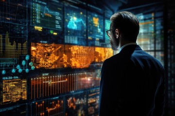 Poster - A man stands in front of a wall of data. This image can be used to represent concepts such as technology, big data, information overload, cybersecurity, or data analysis.