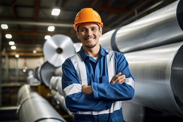 Wall Mural - worker man portrait in galvanized steel factory