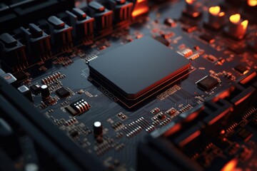 Poster - A detailed view of a computer motherboard. This image can be used to illustrate technology, computer hardware, or electronics concepts.