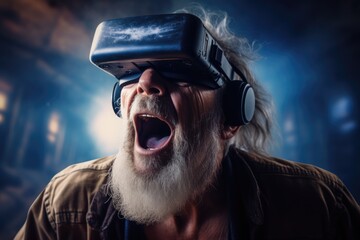 Poster - a man with a beard is wearing a virtual reality headset. this image can be used to illustrate the co