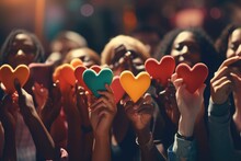 A Group Of People Holding Up Colorful Hearts. Perfect For Expressing Love And Unity. Ideal For Valentine's Day, Pride Events, Or Any Occasion Celebrating Love
