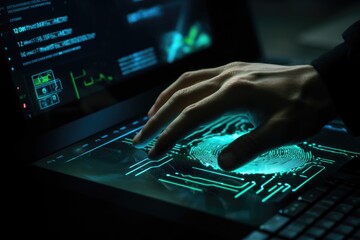 Poster - A person is seen using a laptop with a visible fingerprint. 