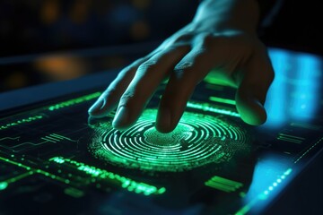 Poster - A close-up shot of a person touching their finger on a computer screen. This image can be used to represent technology, interaction, or touch screen devices