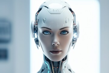 Poster - A close-up view of a robot wearing headphones. 