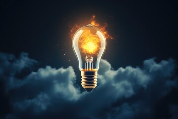 Poster - A glowing light bulb suspended in the clouds. This image can be used to represent creativity, innovation, or new ideas