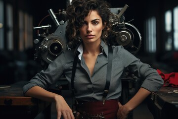 Poster - A woman is pictured sitting at a table with a machine behind her. This image can be used to depict a variety of scenarios involving work, technology, or productivity