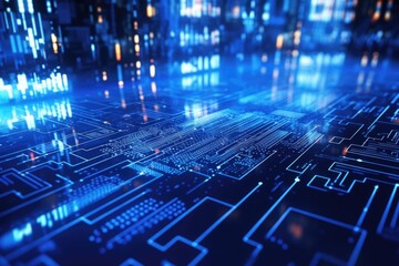 Poster - A detailed close-up view of a computer circuit board. This image can be used to illustrate technology, electronics, or computer hardware.