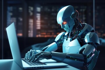 Poster - a robot is seen typing on a laptop computer. this image can be used to illustrate technology, artifi