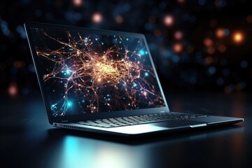 Poster - a laptop computer sitting on top of a table. this versatile image can be used to represent technolog