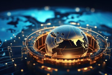 Poster - A golden globe surrounded by intricate lines and dots. This image can be used to represent global connectivity and communication.