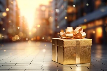 Wall Mural - Golden gift box background blurred street