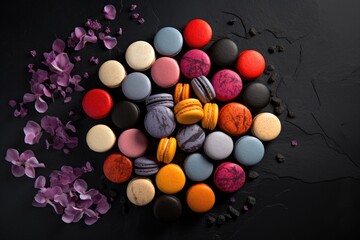 Multi colored crushed halves of macaroons on dark