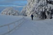 Ein Wanderer in einer einer weißen Winterlandschaft in den Bergen.