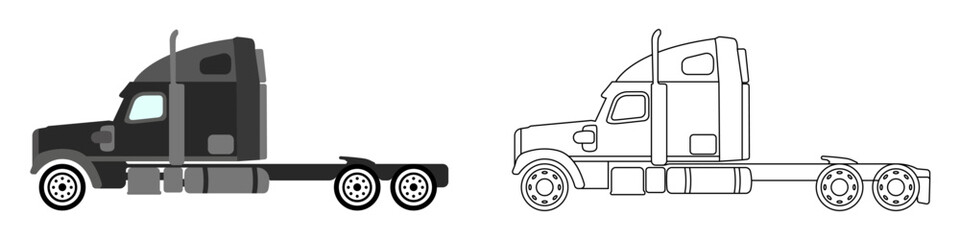 Poster - Black truck set of two icons. Outline of a tractor vector. Freight transport vehicle logo. Goods delivery. A wagon for a trucker. Vector illustration.