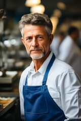 Sticker - Man in white shirt and blue apron in kitchen.