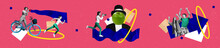 Magazine Collage Picture Of Lady Scream Toa Girl Taking Photo Apple Face Guy Dancing Couple Isolated Pink Color Background