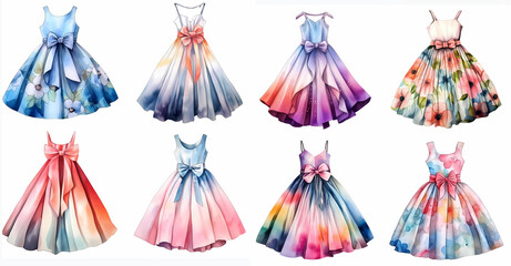 Girls fashion dresses set isolated on a white background. colorful holiday, birthday party clothing clipart 