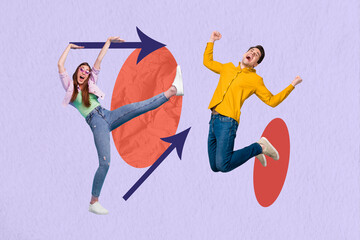 Wall Mural - Creative trend collage of funny young people team building excited celebrate victory work together bizarre unusual fantasy billboard