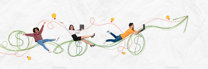 Poster - Horizontal collage image banner of funny business colleagues flying in financial graphics traders makes money isolated on white background