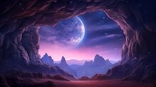 Fantastic Night Landscape With Bright Arched Milky Way, Purple Sky With Stars, Pink Light And Hills