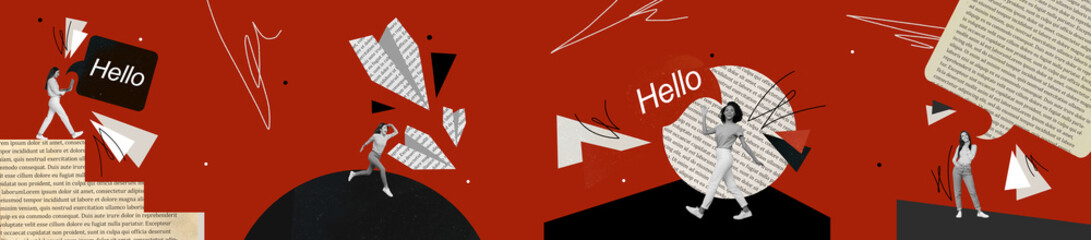 Poster - Creative collage panorama collection of young girls chat say hello using laptop searching friends in internet isolated on red background