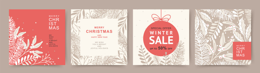 Wall Mural - winter holidays square template. merry christmas cards with fir branches, mistletoe, winter floral e