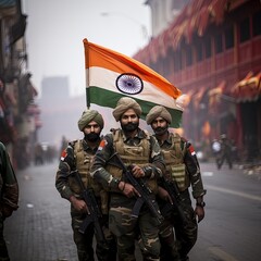 three indian soldiers waving indian flag in republic day parade