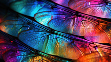 Multi-colored, Vibrant Abstract Texture, Wing Of Psychedelic Dragonfly Under Microscope