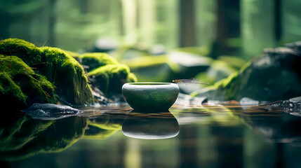 Zen garden with pond, mossy rocks and dragonfly resting on edge of cement element