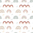 Scandinavian boho rainbows seamless pattern clouds, stars, drops, crescent pastel boho colors. Hand drawn vector isolated element for nursery decoration, party, poster, invitation, postcard, clothes