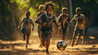 Black kids playing soccer on dirt in Africa. Action shot. Running. Concept of Passion for the Game, Youthful Energy, and the Universal Love for Soccer.