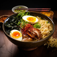 Bowl of mouth watering japanese ramen for single serving.