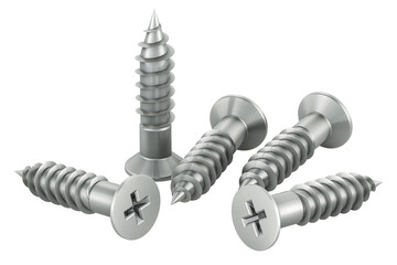 Poster - Stainless Steel Flat Head Sheet Metal Screws, 3D rendering isolated on transparent background