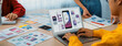 © Summit Art Creations - Panorama banner of startup UX developer or company employee design user interface or UI prototype for mobile application or website software with software display on laptop monitor in office. Synergic