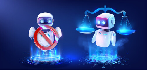 Poster - conceptual art of robotic justice scale and prohibition sign on digital background. symbolizing the 